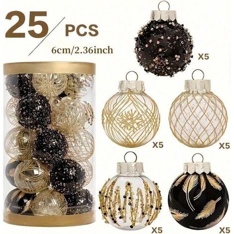 Set mit 25 runden Weihnachtskugeln aus Kunststoff, 6 cm Durchmesser, mit glitzerndem goldenem Federdesign, für die Innendekoration (1/4)