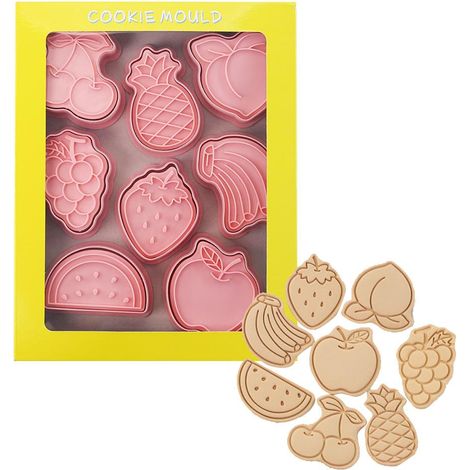 Tagliabiscotti 3D, 8 pezzi, dinosauri dei cartoni animati, frutta e verdura, stampo per compleanno, per dolci, timbro a pressione manuale. (1/5)