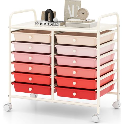 COSTWAY 12 Drawers Multi-Purpose Utility Cart Storage Rolling Cart-Gradient Pink (1/5)
