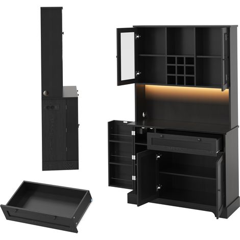 Credenza alta da cucina con LED, prese USB, vetrina e portabottiglie 105x40x180 cm HOMVRA (1/5)