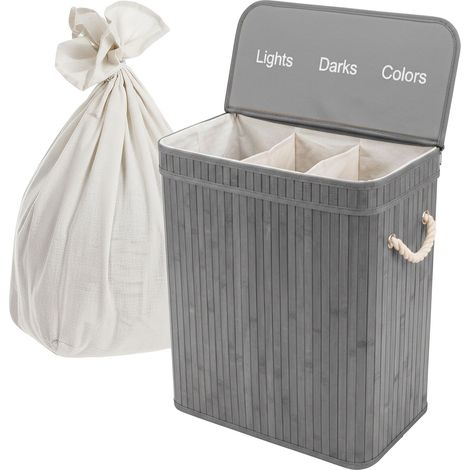 Relaxdays Wäschekorb mit Deckel, 3 Fächer, Bambus, 105 l, faltbar, HxBxT: 63 x 52 x 32 cm, Wäsche Sortiersystem, grau