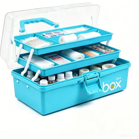 Boîte de Rangement à 3 Niveaux, Organisateur Multifonction pour Médicaments Et Pharmacie, Mallette Couture Loisirs Créatifs, Coffret Cosmétiques Et Accessoires Bureau-bleu (1/5)