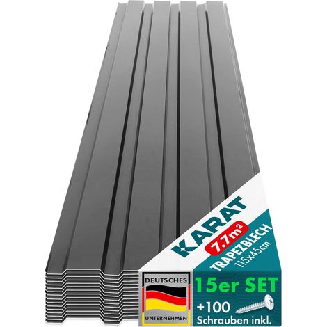 Floordirekt – Lot de 15 tôles de toiture métallique trapézoïdales 115 x 45 cm – Fixations incluses – Résistantes aux intempéries et aux UV – Montage facile