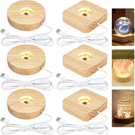 Lot De 6 Socle Lumineux LED En Bois, Socles Lumineux LED, Base D'affichage Socles LED En Bois Avec Interrupteur, Pour Cristal, Verre, Acrylique, 3 Carrés De 10 cm, 3 Ronds De 8 cm, Blanc Chaud (1/5)