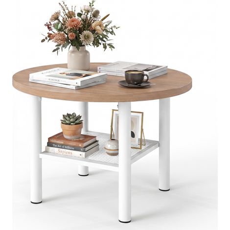 Table D'appoint Ronde, Table de Chevet à 2 Étagères, Structure Métallique, Petite Table Basse, Charge 100 KG, 60 x 60 x 42 CM, Naturel (1/5)