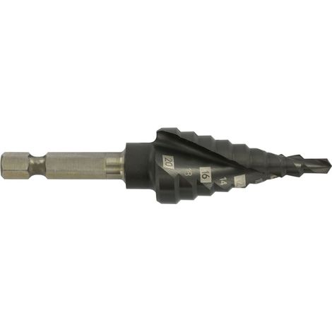 Tivoly • Foret conique étagé HSS -Revêtu TiAlN -Shock serie -Hélicoïdal -Pointe en croix -Queue hexagonale (Boite brochable) / ØMin/Max : 4/20