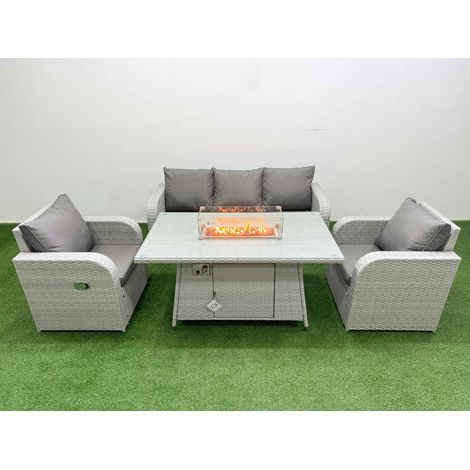 Fimous PE Rattan Garden Furniture Set Reclining Chair Sofa Lounge Sofa Set Firepit Dining Table Light Grey (1/4)