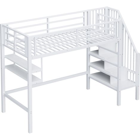 Letto a soppalco 90 x 200 cm con mensole e scala contenitore, bianco (1/5)