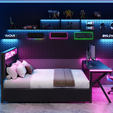 Cama plataforma gaming 140 x 200 cm de metal negro con almacenaje y LED FloraGrace (1/5)