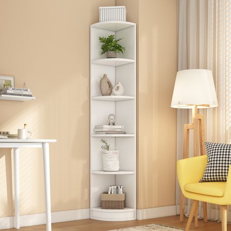 Scaffale angolare in MDF bianco 42 x 30 x 180 cm, 5 ripiani salvaspazio