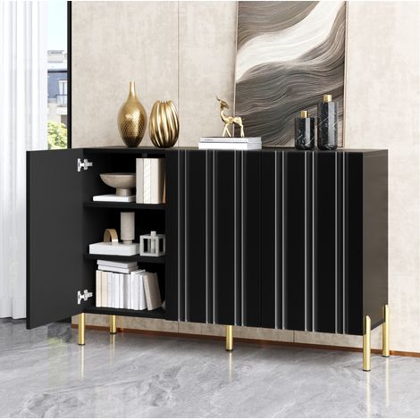 Aparador zapatero (120x35.5x80 cm), 3 puertas sin tiradores, estantes ajustables, MDF y tablero de partículas negro (1/5)