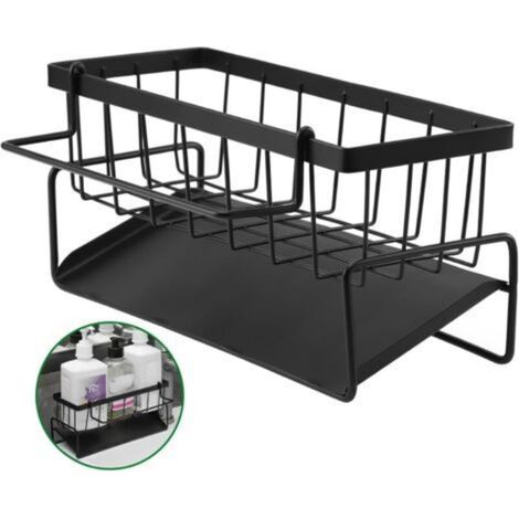 Kitchen Sink Organizer, Kitchen Sink Sponge Holder with Automatic Drain Tray and Towel Rack, Carbon Steel Sponge Holder for Brushes, Cloths, and Soaps, Black