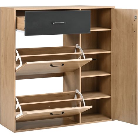 Mobile portascarpe slim con 2 ante ribaltabili, 1 cassetto, 5 vani, 100x35x106 cm, naturale nero (1/5)
