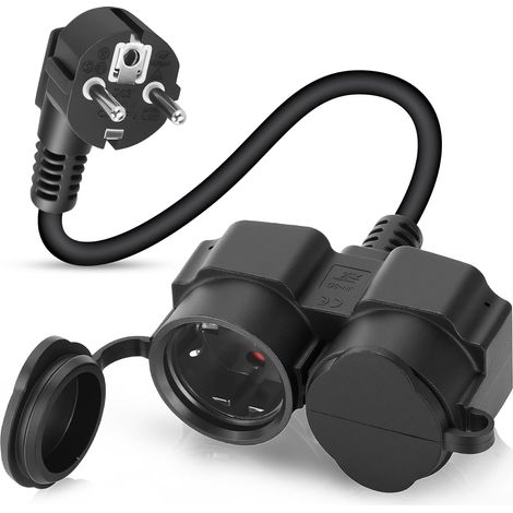 Rallonge avec Prise Schuko, Double Prise avec Deux Prises et Capuchons Anti-poussière, Double fiche pour Usage intérieur/extérieur, Maximum 3500 W, 16 A 250 V, IP44, 0,25m (1/5)