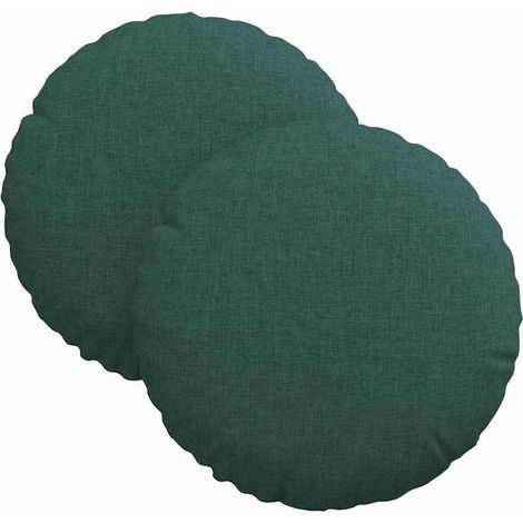 Deux coussins d'assise, vert foncé, 30 cm de diamètre, 13 cm de hauteur, en tissu. (1/5)
