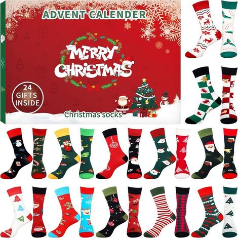 Abcrital – Calendrier de l'Avent 2024 avec chaussettes en coton – 24 compartiments avec motifs de Noël – Décoration festive pour adultes