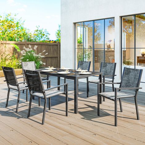 Table de jardin noir 150 cm + 6 chaises empilables, plateau en lamelles, structure acier inoxydable anticorrosion, ensemble mobilier extérieur (1/5)
