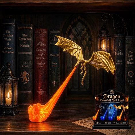 3D Printed Fire-Breathing Fantasy Bookshelf Decor Dragon Bookshelf Corner Red and Gold - As shown in the picture