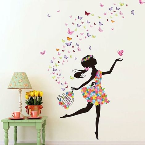 Stickers muraux fleurs et fée pour salon et chambre, décalcomanie décorative, sachet 60x90 cm, sticker mural (1/5)