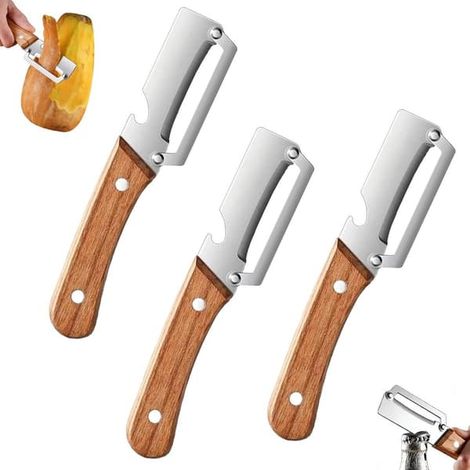 Ensemble de 3 éplucheurs - Éplucheur à pommes de terre 2 en 1 avec ouvre-bouteille - Éplucheur à légumes en acier inoxydable avec manche en bois et large lame - Éplucheur à fruits et légumes (1/5)