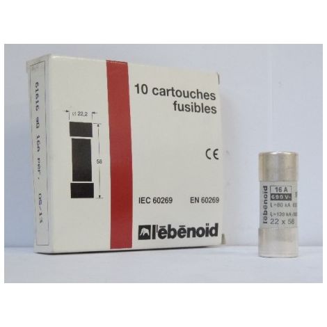 Fusible 16A cartouche 22X58mm gG usage industriel (boite de 10) HPC 120kA 660V avec voyant et percuteur EBENOID 061616 (1/2)