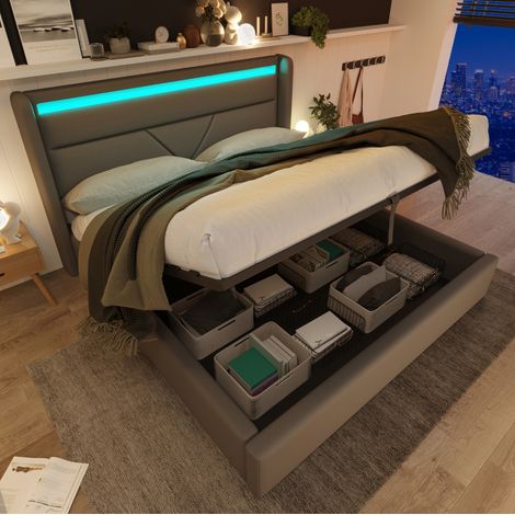 lit coffre adulte 160x200 led pu blanc gris rangement HAVRYA (1/5)