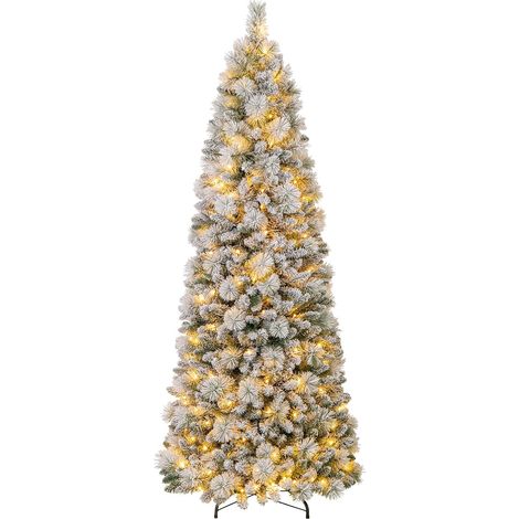 Sapin de Noël Floqué de 210 cm, Arbre de Noël avec Aiguilles de Pin, 680 Pointes de Branches, 200 Lumières LED Blanc Chaud, Section Pliable (1/5)