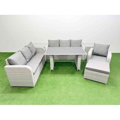 Fimous Rattan Garden Furniture Dining Set 8-seater Patio Rectangular Table Sofa Set with 2 Side Tables Big Stool Light Grey (1/4)