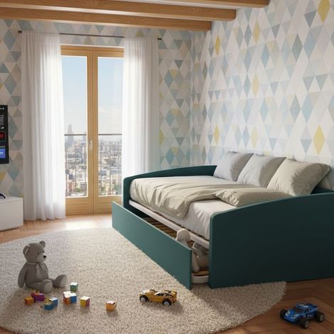 Divano letto 1 piazza e mezza con secondo letto estraibile - Ideale per camerette - Verde Petrolio