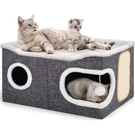 Niche Pliable pour Chat, Maison d'intérieur pour Grands Chats, 61 x 45 x 32 cm, 2 Couches de Cube pour Chat, XXL avec griffoir et Balle de Jeu, Niche pour Grands Animaux de Compagnie, Gris (1/5)