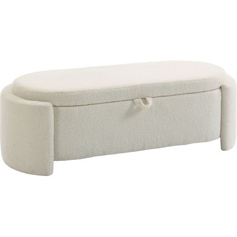 Ovale Aufbewahrungsbank aus Teddyfleece, breite Sitzfläche am Fußende des Bettes 129x48,5x44 cm, cremefarben - weiche Aufbewahrungstruhe, Schlafzimmerbank, Wohnzimmermöbel, Schuhaufbewahrung, gemütlic