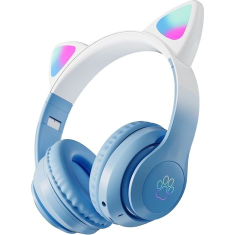 Écouteurs bleus pour enfants, écouteurs sans fil Bluetooth pour enfants, écouteurs Bluetooth supra-auriculaires avec microphone, écouteurs Cat Ear pour film... (1/4)
