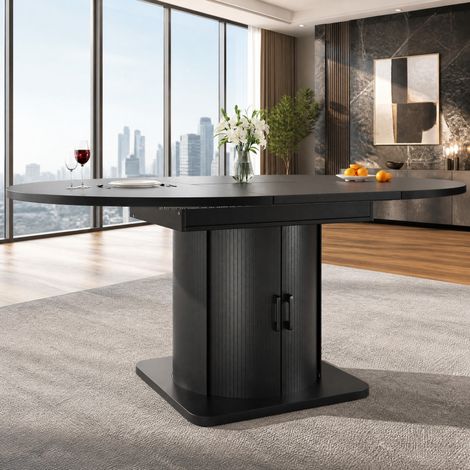 Mesa de comedor extensible 118-158 x 118 x 76 cm con 4 sillas, MDF, negro y gris HAVRYA (1/5)