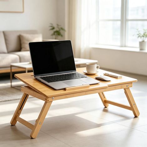 Table de lit réglable 55x35x32,5 cm en bambou naturel, avec rangement pour bureau FloraGrace (1/5)