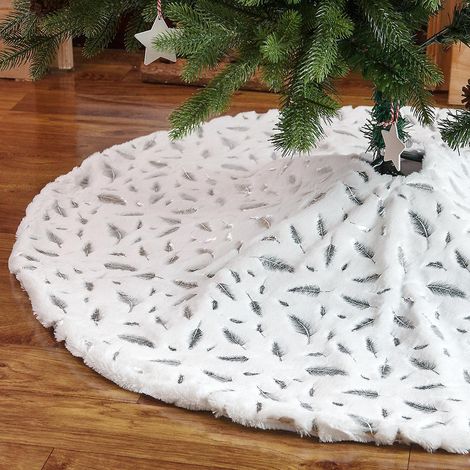 90cm Jupe Sapin De Nol,plumes Argentes Peluche Couvre Pied Sapin Noel, Arbre De Noel Decoration, Joyeux Nol Jupe D'arbre Tapis Pour Sapin Pour Nol