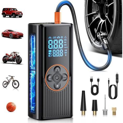 Gonfleur de Pneus Sans Fil 6000mAh, 150PSI Compresseur à Air Portatif, Pompe à Vélo Électrique Rechargeable avec Affichage Numérique et Lumière LED, Arrêt Automatique, pour Voiture, Moto, Vélo, Balles (1/5)