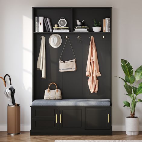 Vestiaire d'entrée avec banc à chaussures, armoire et 6 crochets, 120x40x191 cm, noir (1/5)