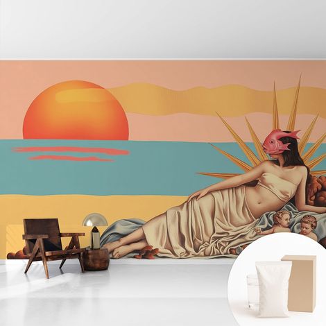 Tapete Vliestapete mit Kleber für Wohnzimmer Schlafzimmer Küche - Wanddekoration Surrealistischer Sonnenuntergang 416x254 cm (1/5)