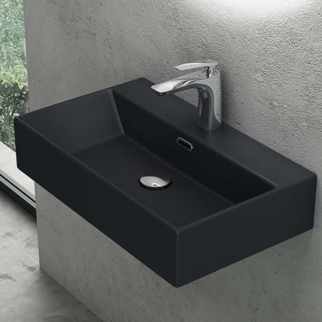 doporro® Lavabo sobre encimera lavabo suspendido lavabo de cerámica lavabo de mano lavabo rectangular de baño en negro mate 60x36x13 cm Brüssel206