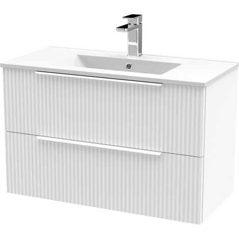 Tixall Fluted 2 Drawer Wall Hung Vanity Unit with Minimalist Basin, Satin White, 800mm