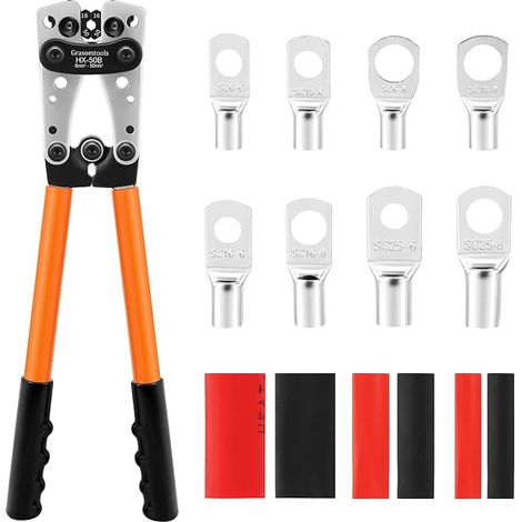 Pince à sertir pour cosses de batterie avec 60 cosses à anneau en cuivre, 8 tailles de cosses et 60 gaines thermorétractables. (1/5)