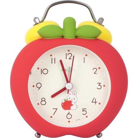 Lautloser analoger Wecker für Kinder mit Doppelklingel und Nachtlicht – Erdbeer-/Apfel-Design