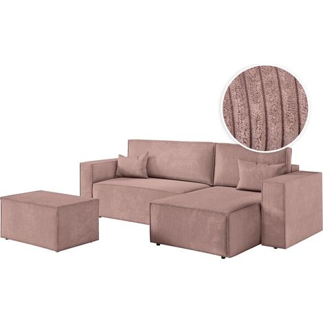 PACK - CLARISSE - Canapé d'angle convertible réversible avec pouf en velours côtelé - Vieux rose (1/5)