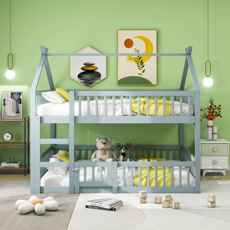 Lit superposé 140x200 cm pour enfant, structure bois, escalier, garde-corps, design mezzanine, gris, sans matelas (1/5)
