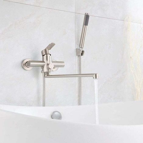 Badewannenarmatur mit Handbrause, Einhebel-Duscharmatur, rund, zur Wandmontage, gebürsteter Edelstahl, für Badezimmer (Auslasslänge: 35 cm)