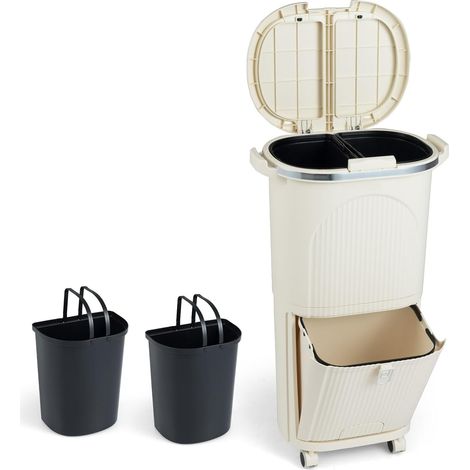 COSTWAY 38L Pattumiera da Cucina con Coperchi, Bidone per Raccolta Differenziata a 2 Piani con 2 Secchi Rimovibili, Pedale e Ruote, Contenitore per Rifiuti (Beige,2 piani) (1/5)
