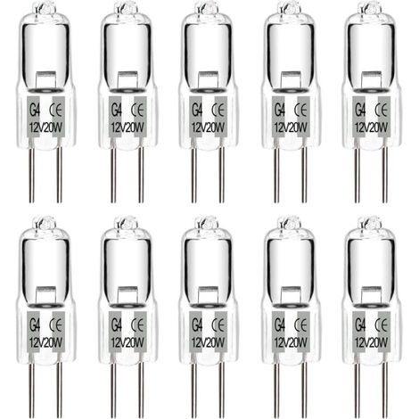 Bombillas halógenas G4 de 20 W y 12 V, cápsula transparente, casquillo de 2 pines, luz blanca cálida, regulables, paquete de 10 (1/4)
