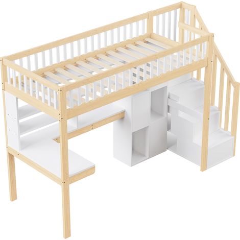 Letto a soppalco 90x200 cm con scrivania, scala contenitore e scaffali, bianco e legno (1/5)