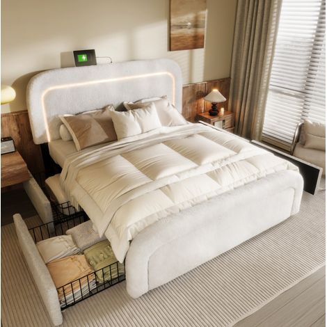 Letto imbottito in Sherpa bianco 140x200 cm con USB-C, LED, 4 cassetti e testiera regolabile (1/5)
