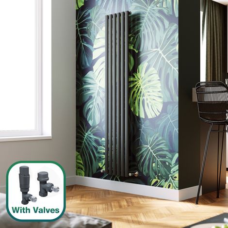 ELEGANT 1800 x 360 mm Anthracite Vertical Column Radiator Single Oval Panel Designer Bathroom Radiator + Anthracite Thermostatic Radiator Valves (1/5)